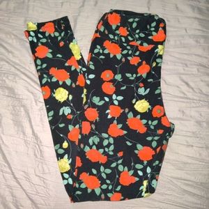 LuLaRoe One Size Leggings orange yellow flowers green leaves on blue background